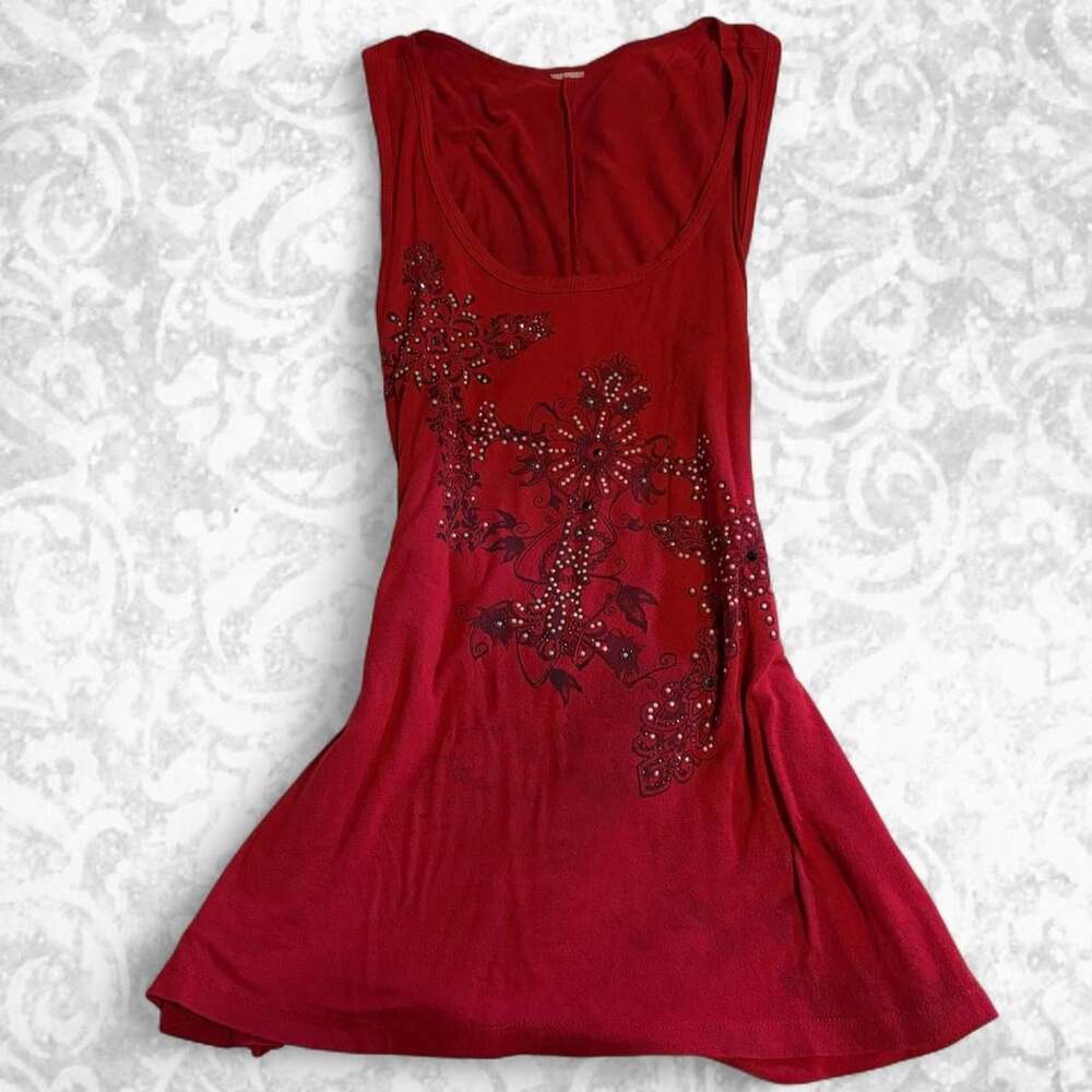 Red Tank Top with Black Floral Embroidery and Rhinestone Detail Size L
